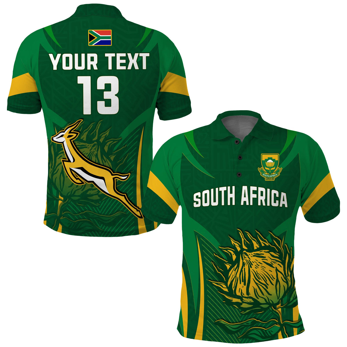 (Custom Text and Number) South Africa Rugby Polo Shirt Springboks Champion LT13 - Shopicos