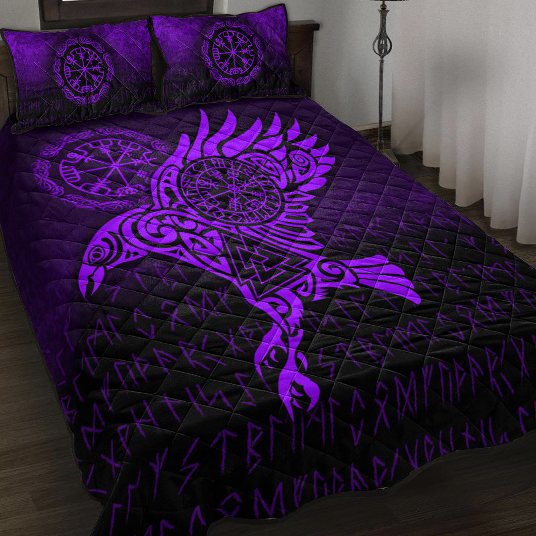 Viking Quilt Bed Set - Raven Vegvisir Tattoo - Purple Version Quilt Bed Set RLT12 - Shopicos
