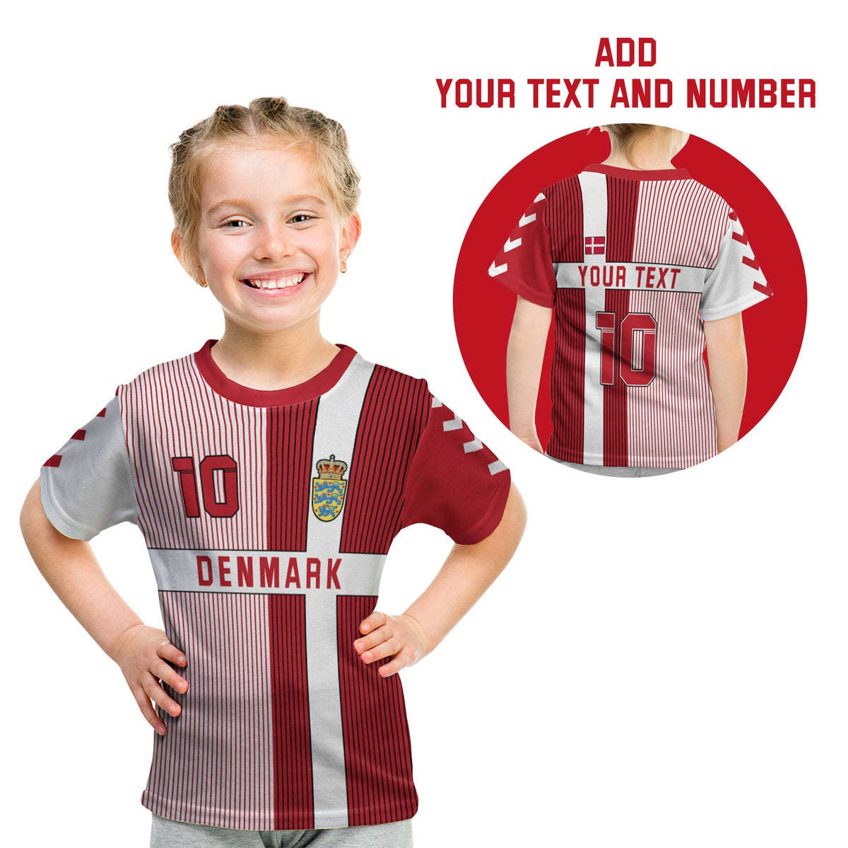 (Custom Personalised) Denmark Football T Shirt KID Come on Denmark - Custom Text and Number LT13 - Shopicos