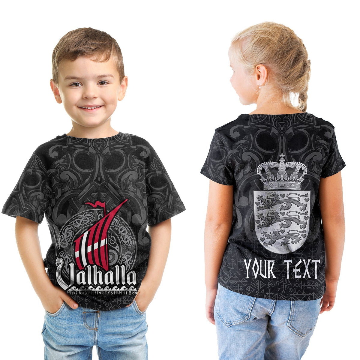 (Custom) Viking T Shirt Kid - Denmark Odin And Drakkar RLT12 - Shopicos