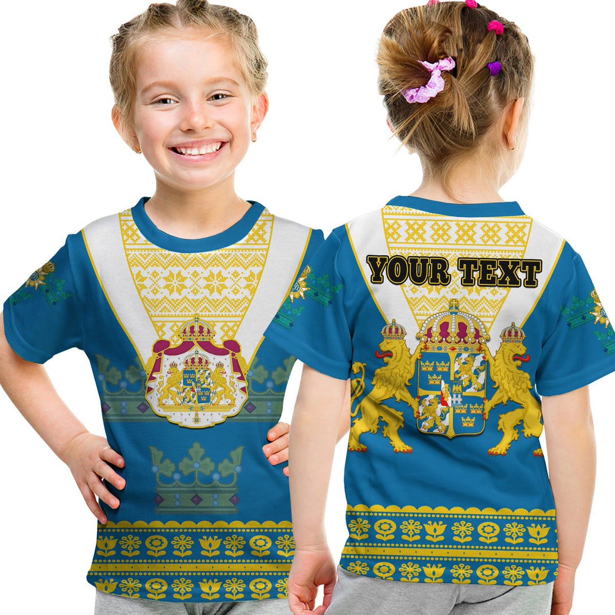 (Custom Personalised) Sweden T Shirt KID Swedish Coat Of Arms With Scandinavian Flowers - Shopicos