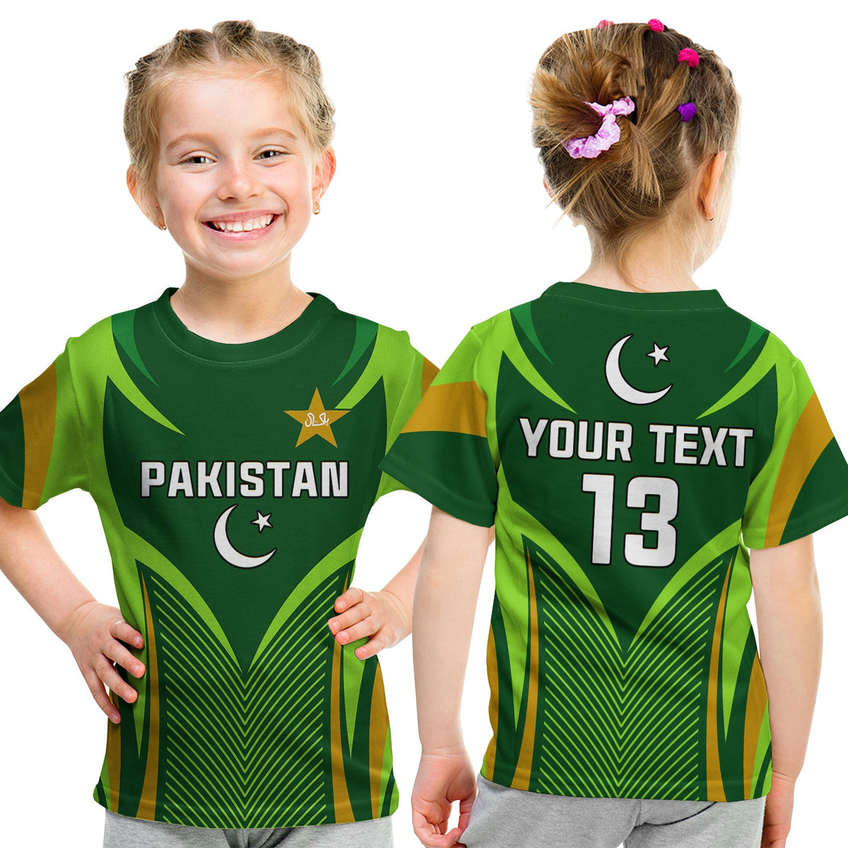 (Custom Text and Number) Pakistan Cricket T Shirt KID Green Shaheens Champion LT13 - Shopicos