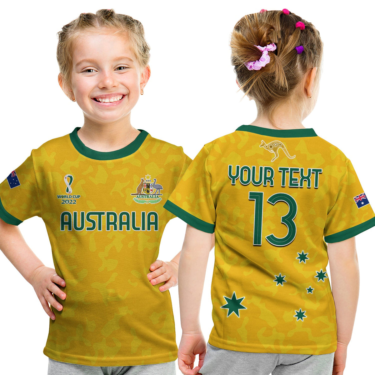 (Custom Text and Number) Australia Soccer T Shirt KID World Cup Football 2022 Socceroos with Kangaroos LT13 - Shopicos