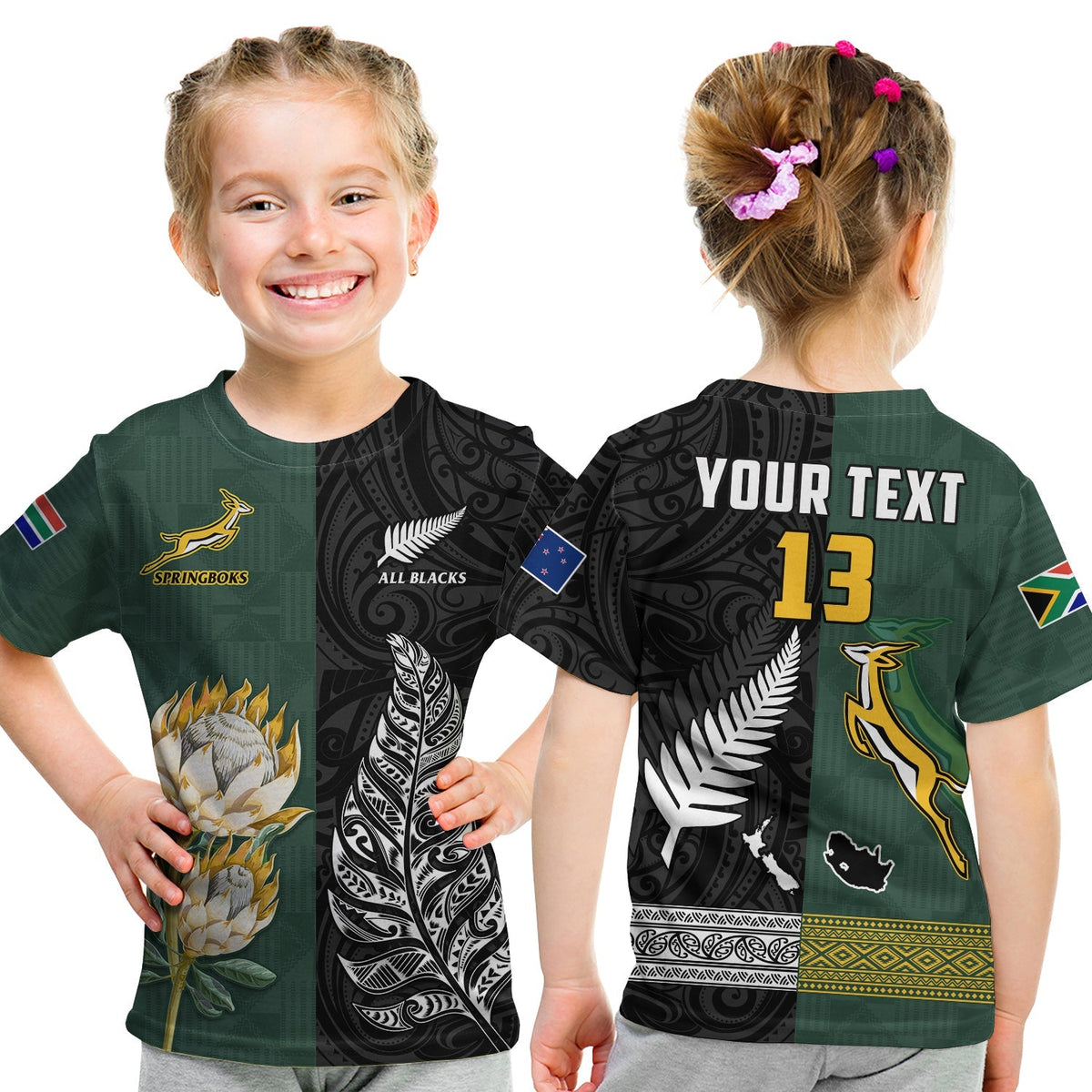 Custom Text and Number South Africa Protea and New Zealand Fern T Shirt KID Rugby Go Springboks vs All Black LT13 - Shopicos