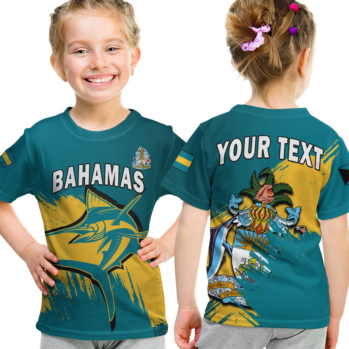 (Custom Personalised) Bahamas T Shirt KID Blue Marlin With Bahamian Coat Of Arms - Shopicos