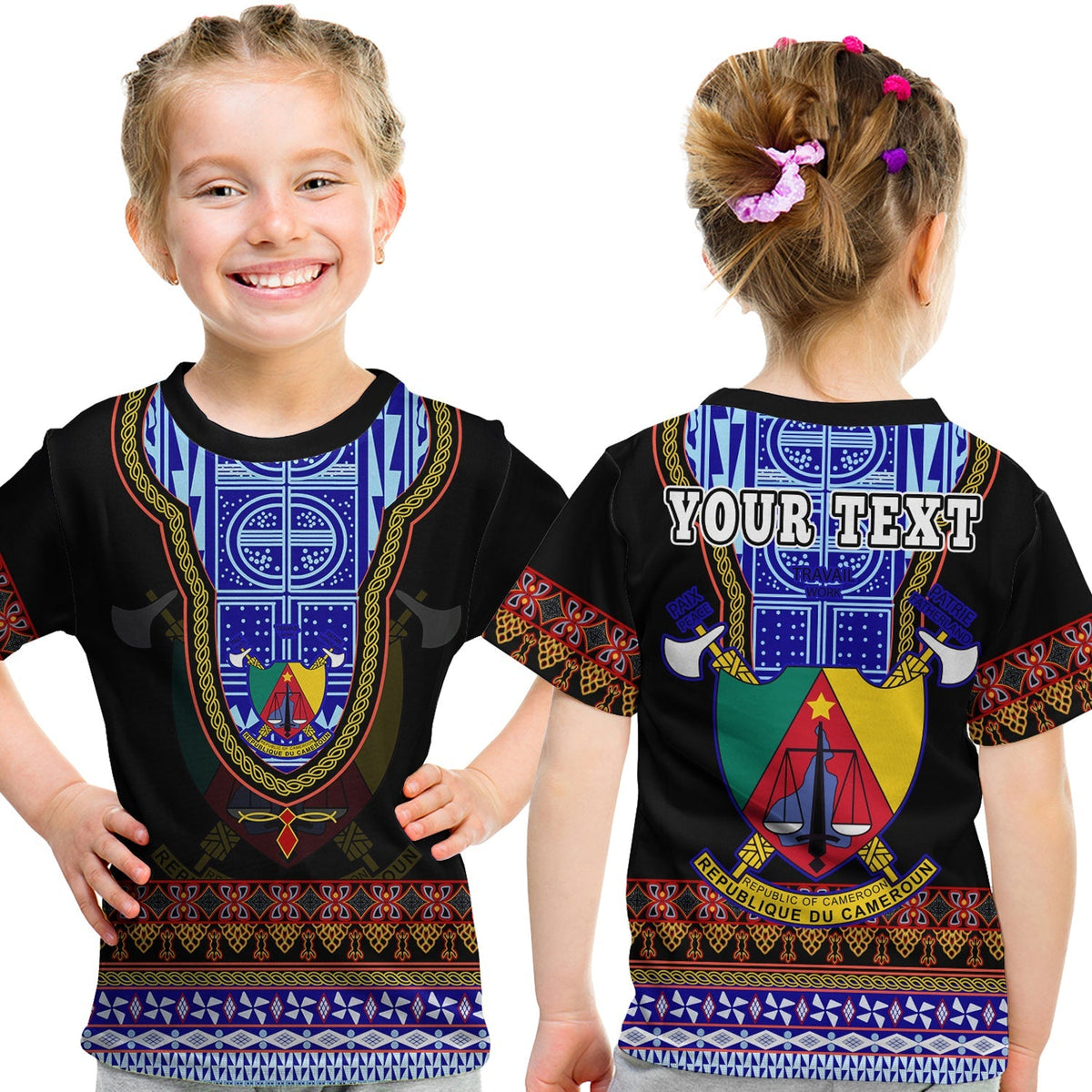 (Custom Personalised) Cameroon T Shirt KID Atoghu Pattern Black Style - Shopicos