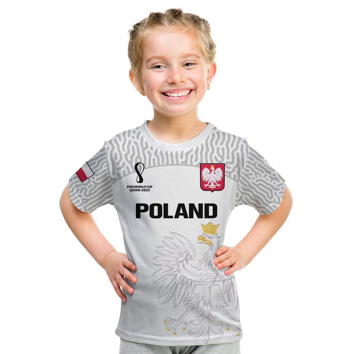(Custom Text And Number) Poland Football T Shirt KID Polska World Cup 2022 White - Shopicos