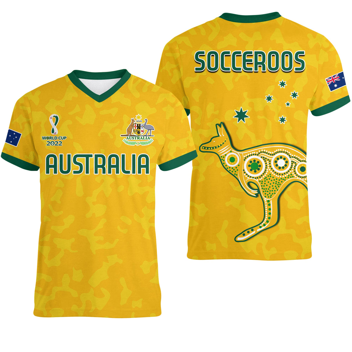 Australia Soccer V Neck T Shirt World Cup Football 2022 Socceroos with Kangaroos LT13 - Shopicos
