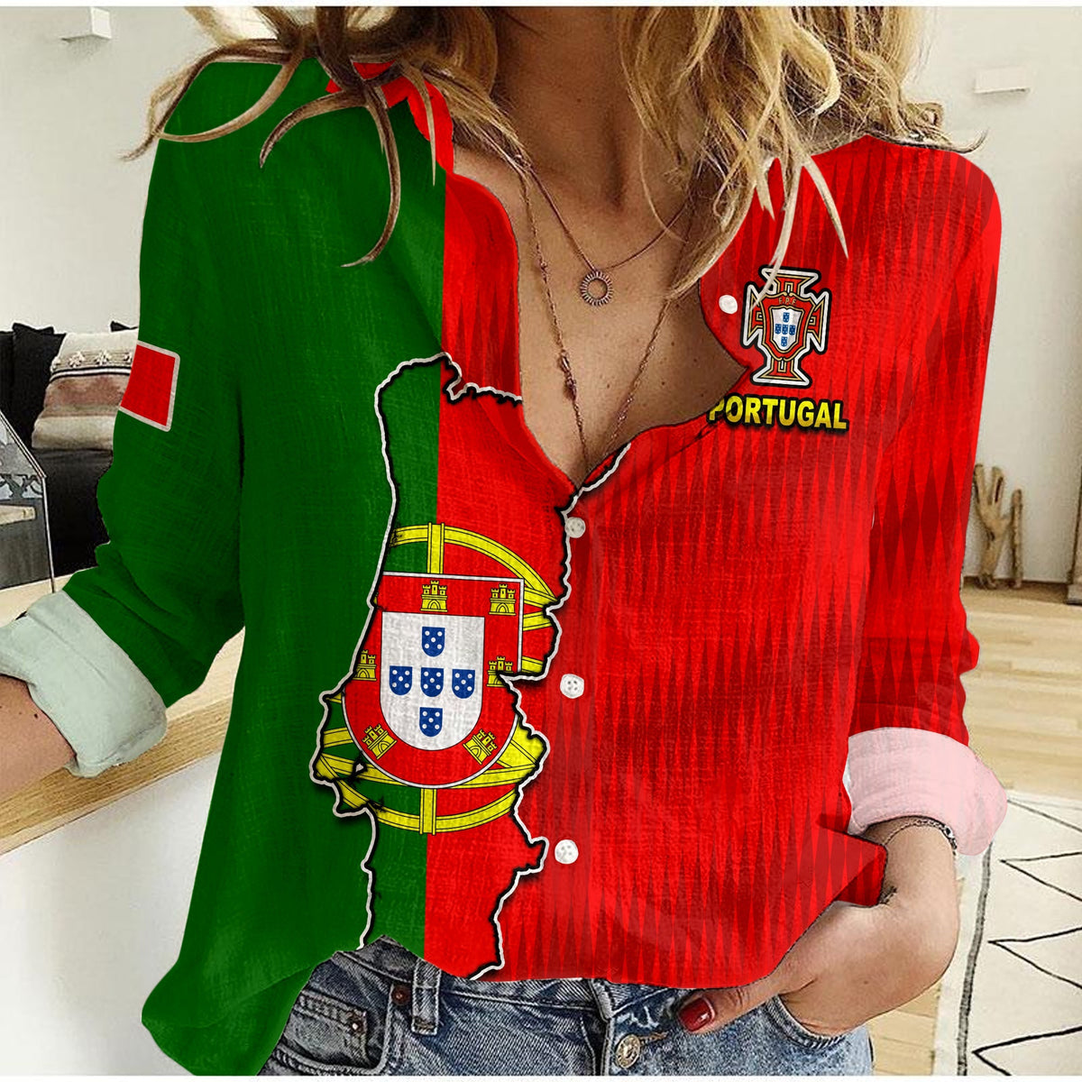 Portugal Football 2022 Women Casual Shirt Style Flag Portuguese Champions LT13 - Shopicos