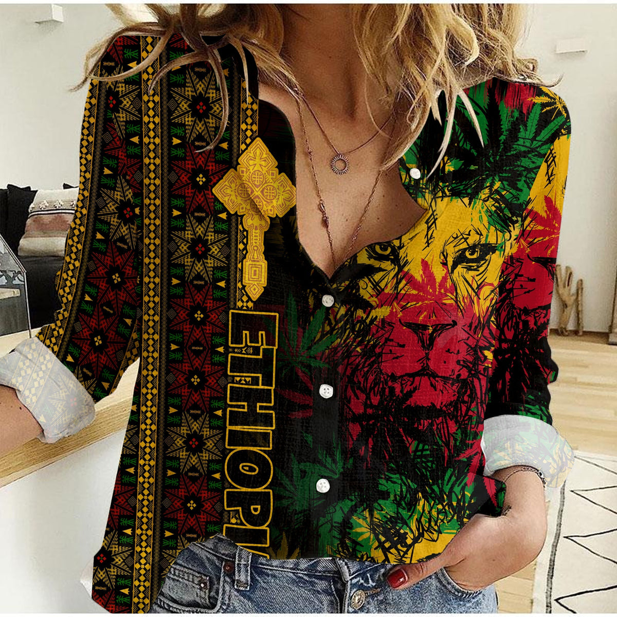 Ethiopia Lion Reggae Women Casual Shirt Ethiopian Cross LT13 - Shopicos