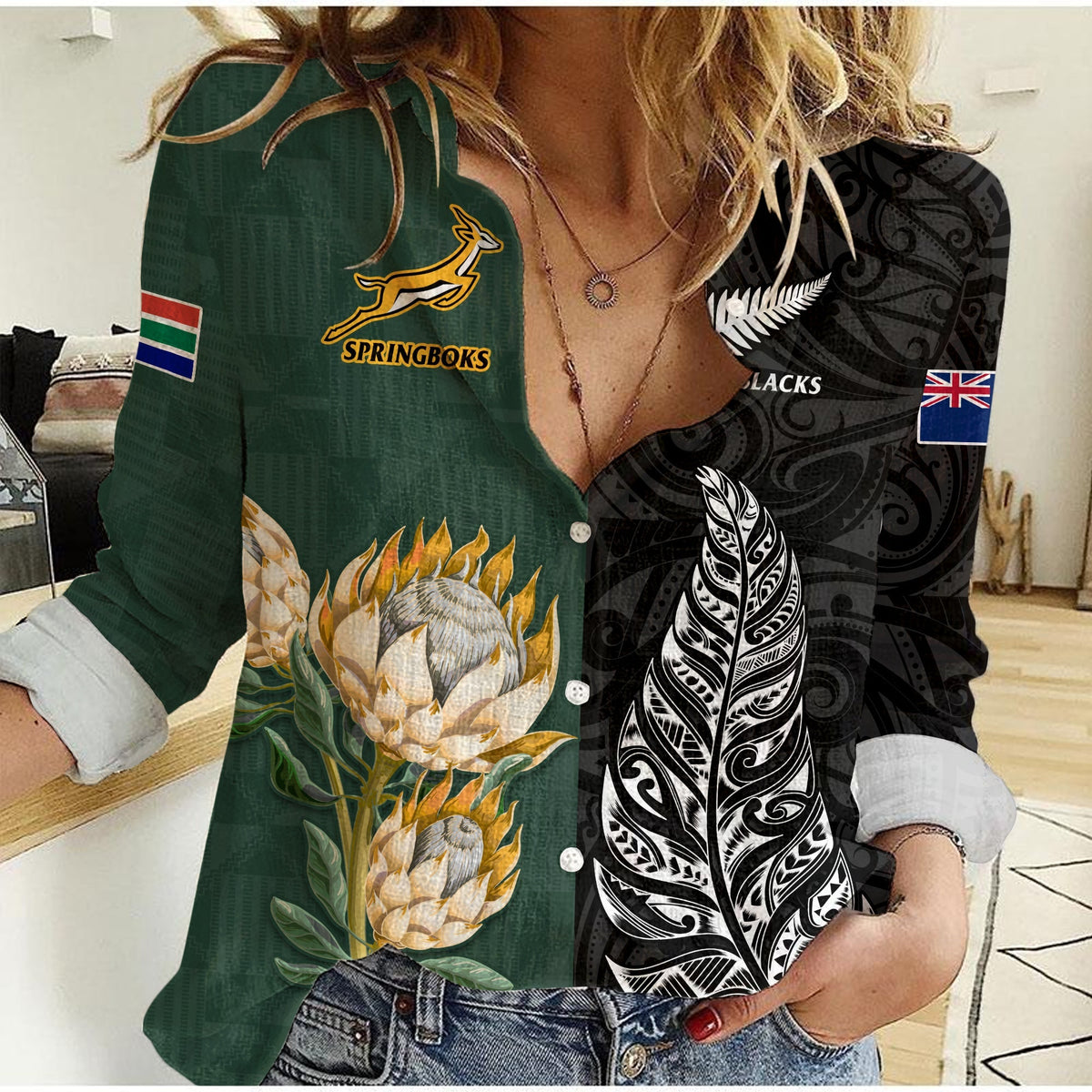 South Africa Protea and New Zealand Fern Women Casual Shirt Rugby Go Springboks vs All Black LT13 - Shopicos