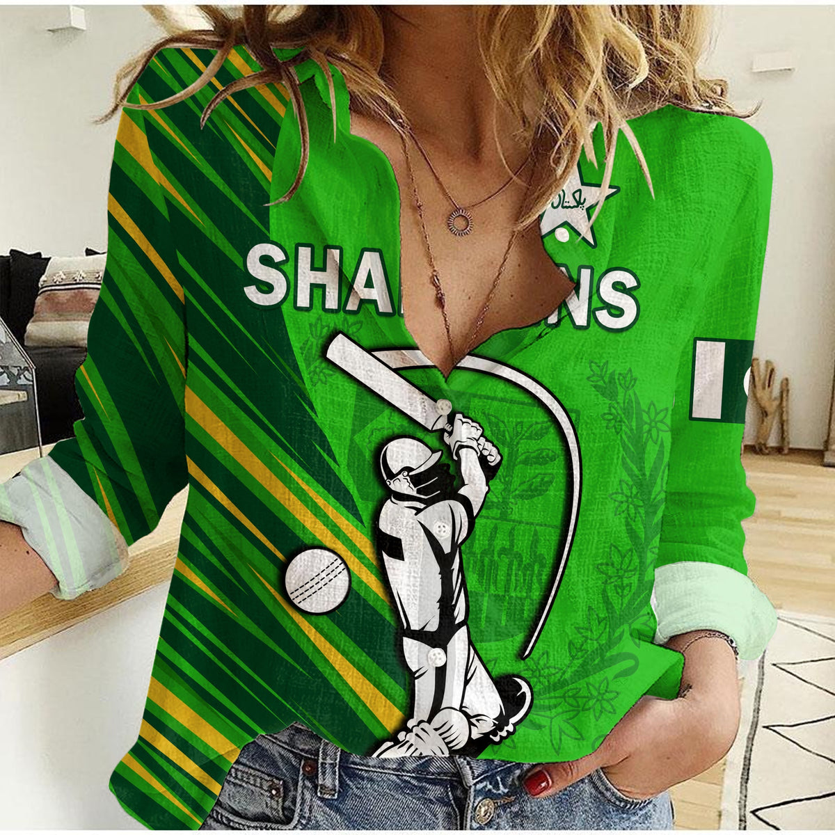 (Custom Text And Number) Pakistan Cricket Women Casual Shirt Go Shaheens Simple Style - Shopicos