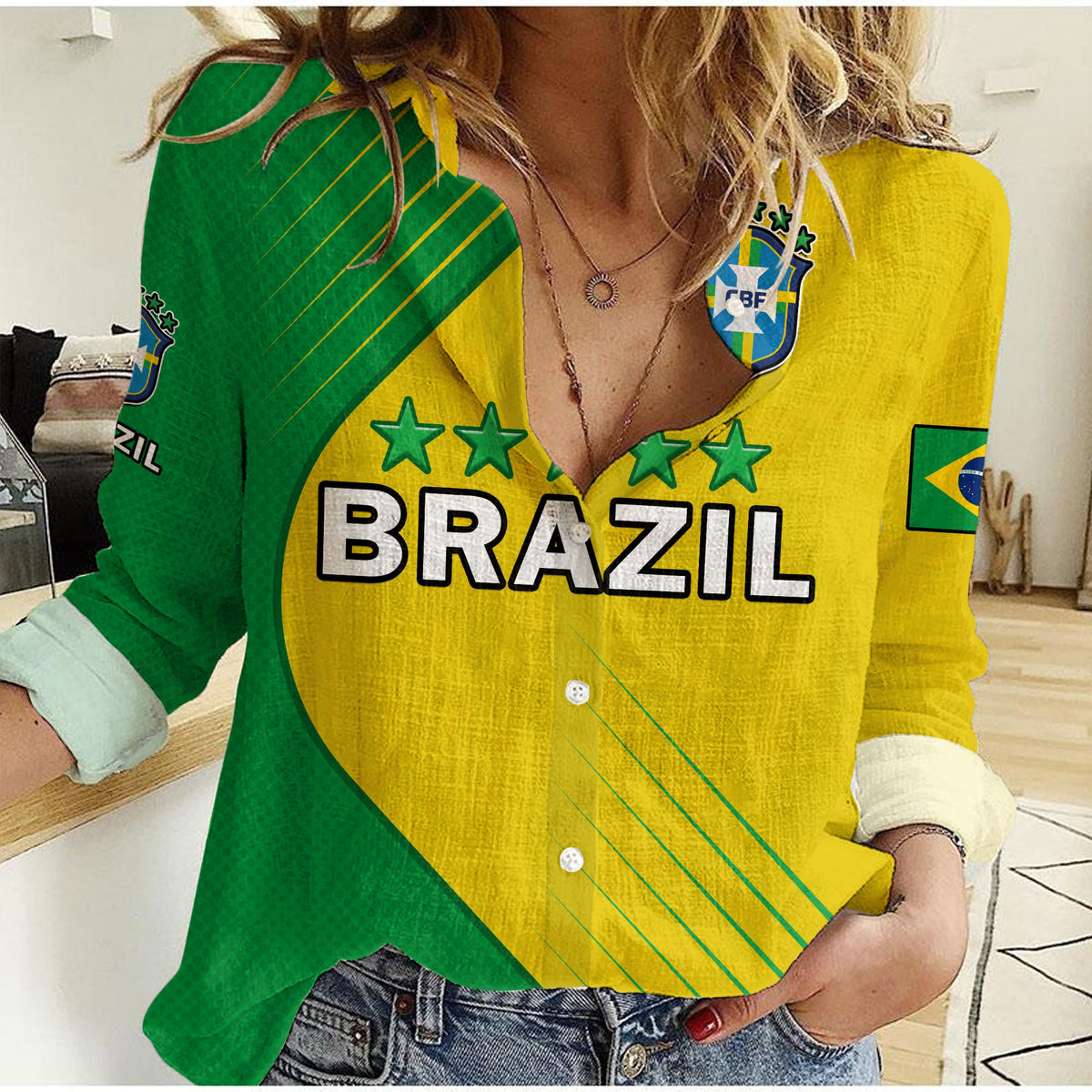 Brazil Football Women Casual Shirt Brasil Map Come On Canarinho Sporty Style - Shopicos