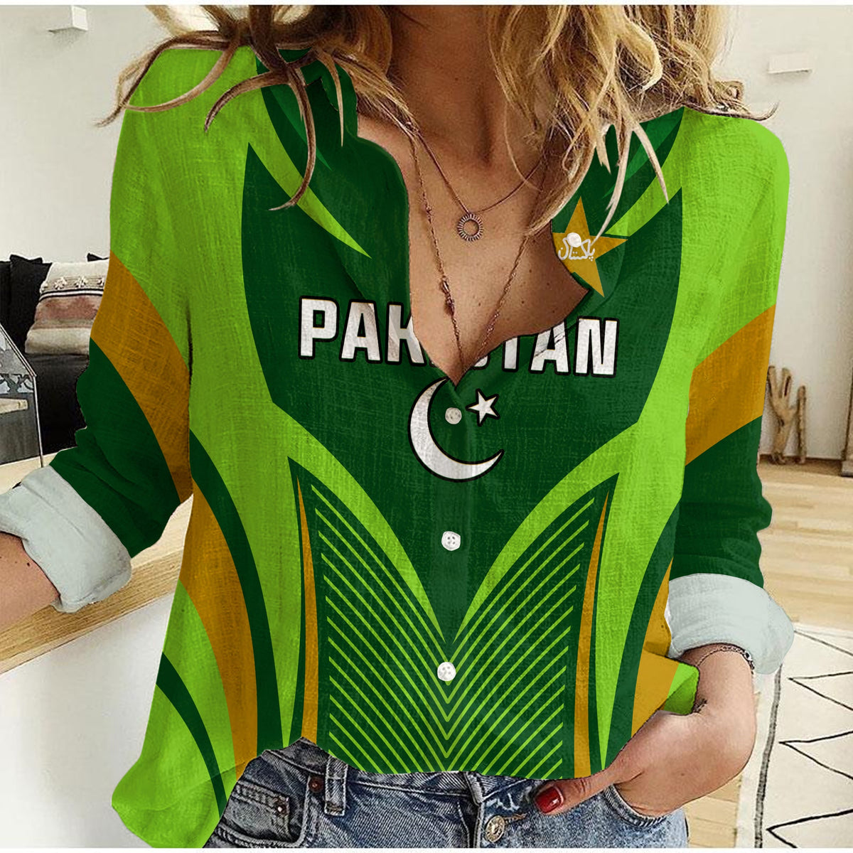 (Custom Personalised) Pakistan Cricket Women Casual Shirt Green Shaheens Champion LT13 - Shopicos