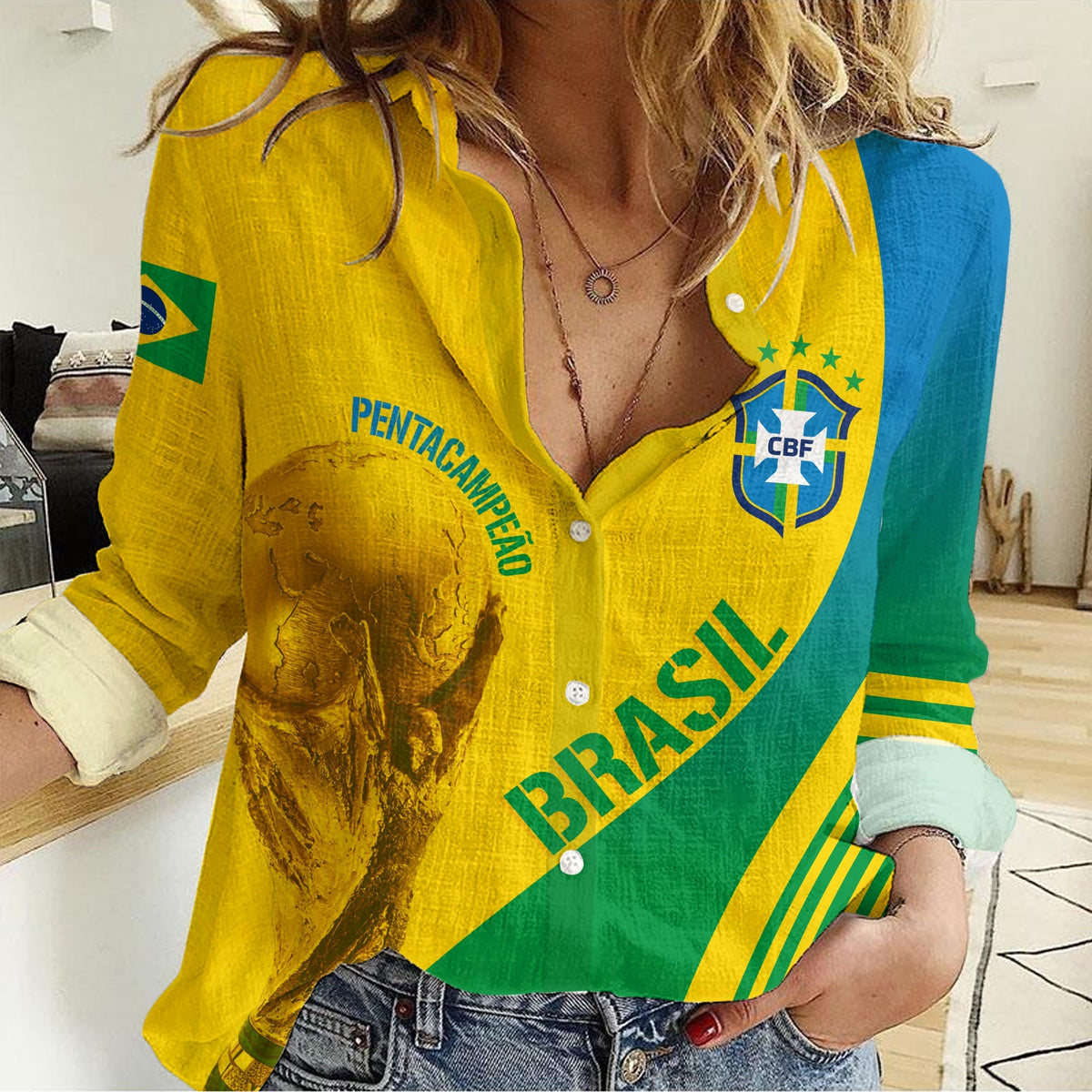 Personalised Brazil Women Casual Shirt World Cup 2022 Pentacampe o - Shopicos
