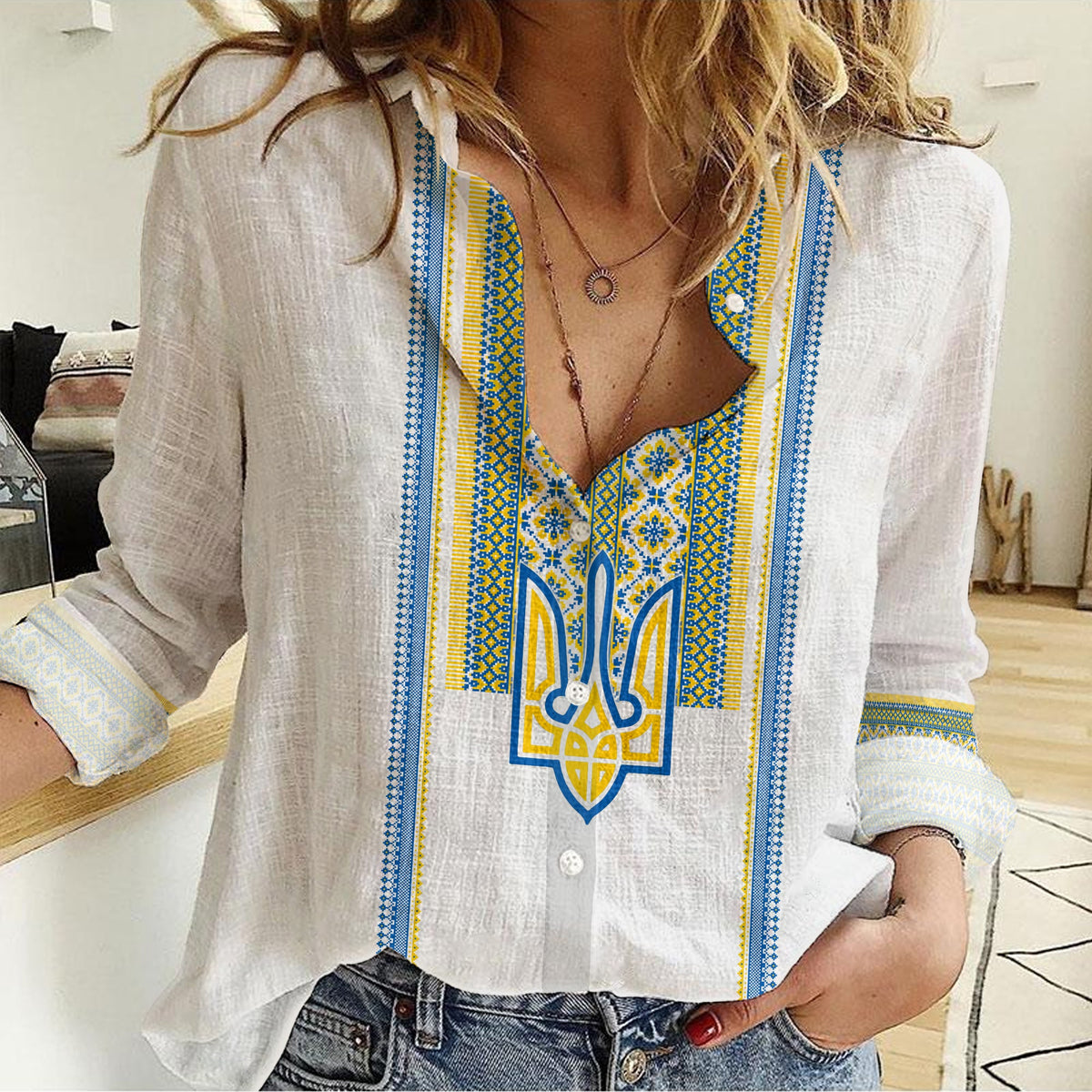 Ukraine Folk Patterns Women Casual Shirt Unity Day - White - Shopicos