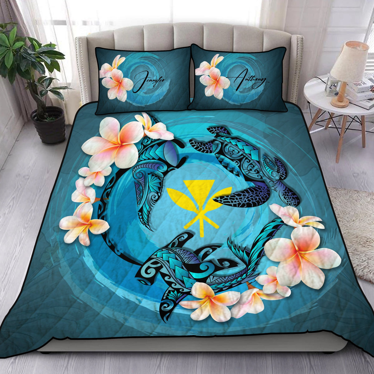 (Custom) Hawaii Quilt Bed Set - Blue Plumeria Animal Tattoo Personal Signature - Shopicos