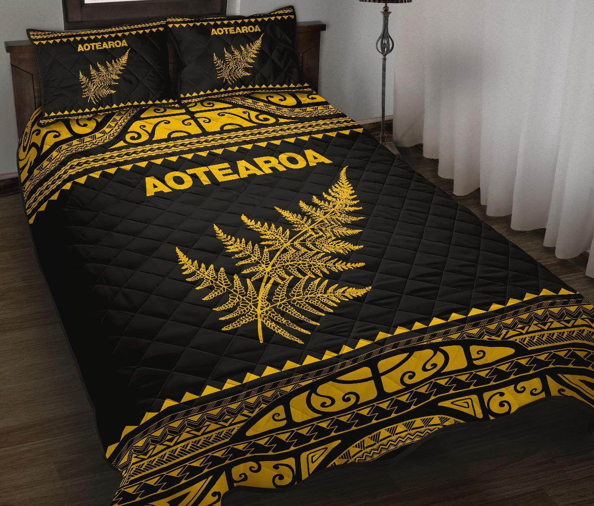 Aotearoa New Zealand Maori Quilt Bed Set Silver Fern Yellow - Shopicos