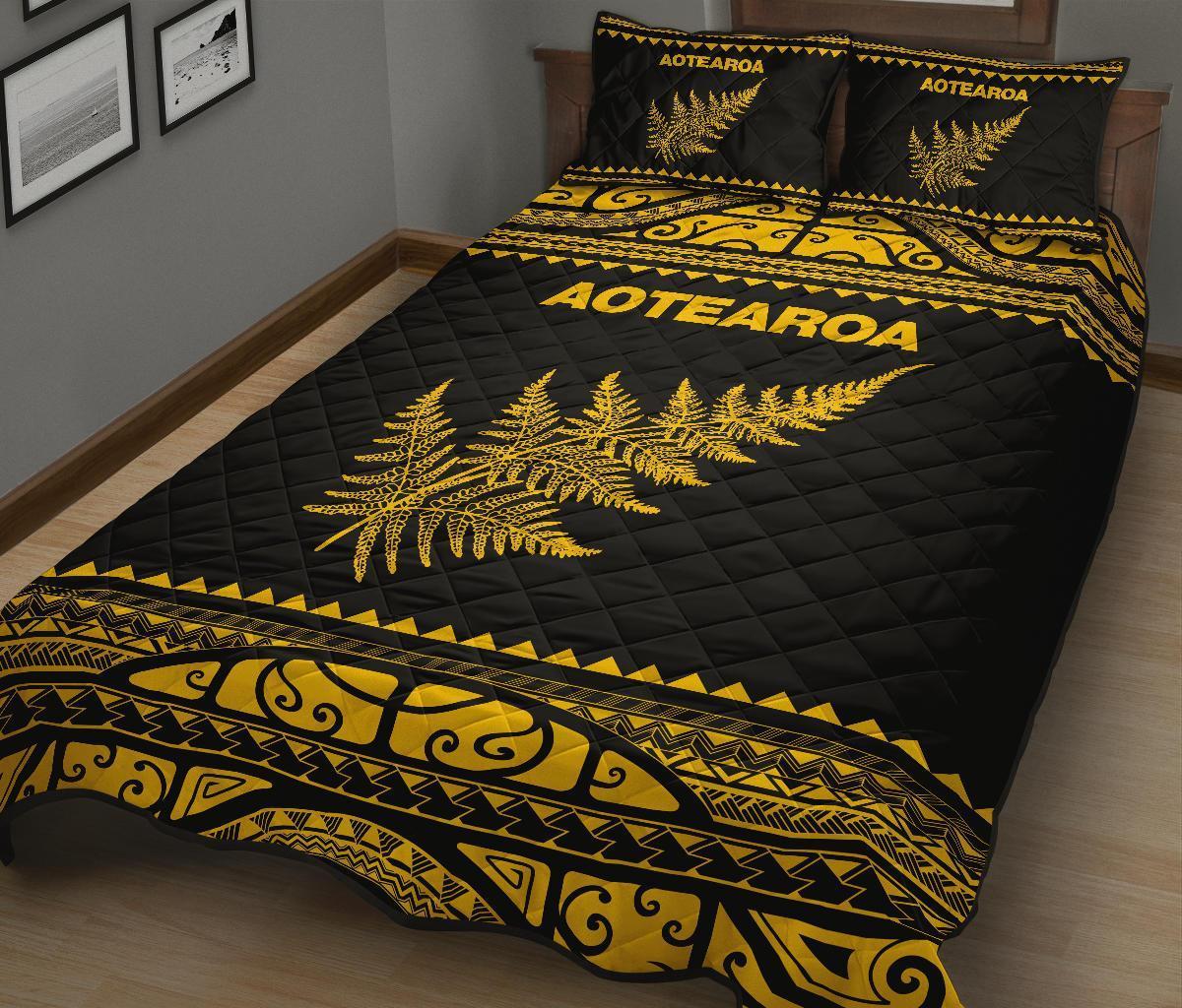 Aotearoa New Zealand Maori Quilt Bed Set Silver Fern Yellow - Shopicos