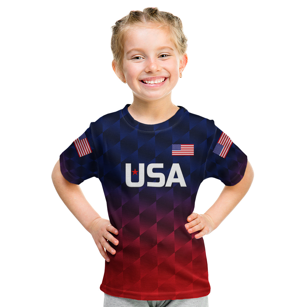 (Custom Personalised) United States National Cricket Kid T Shirt Team USA Cricket Gradient Navy Red LT8 - Shopicos