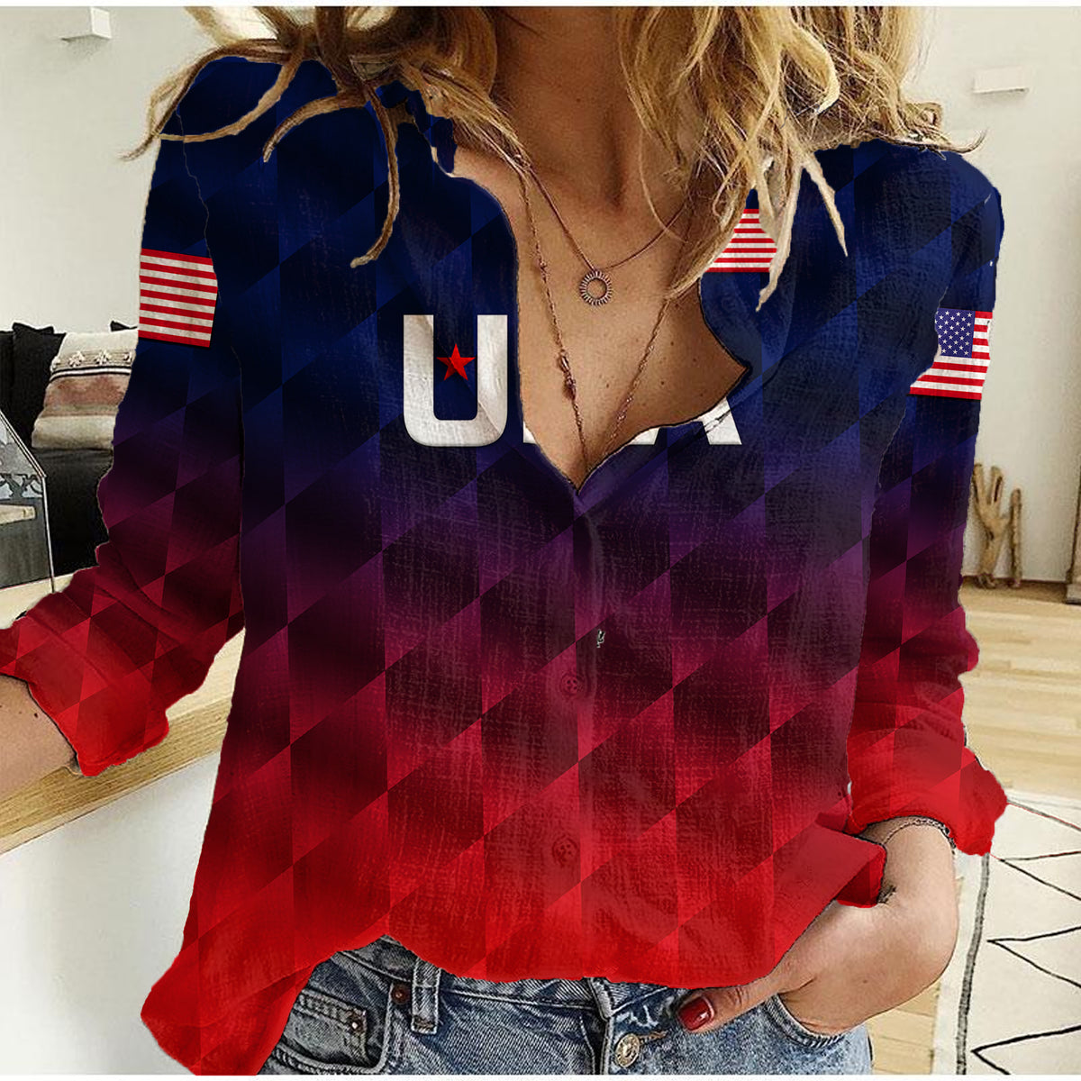 (Custom Personalised) United States National Cricket Women Casual Shirt Team USA Cricket Gradient Navy Red LT8 - Shopicos