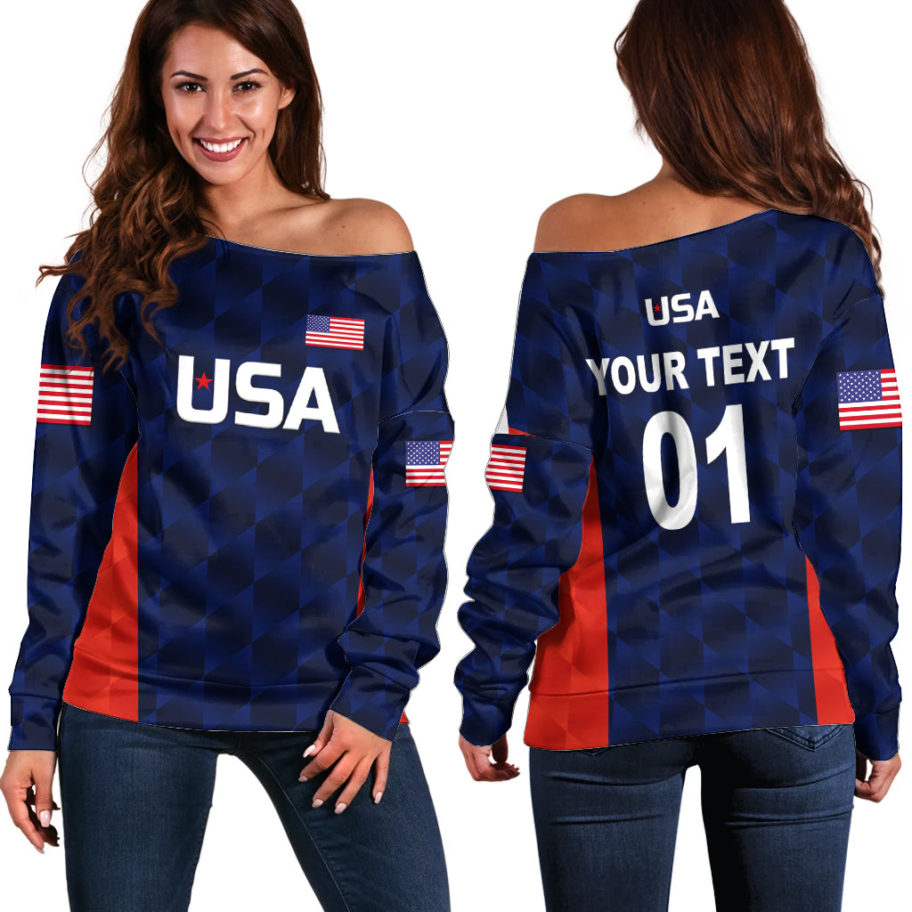 (Custom Personalised) United States National Cricket Off Shoulder Sweater Team USA Cricket Navy LT8 - Shopicos