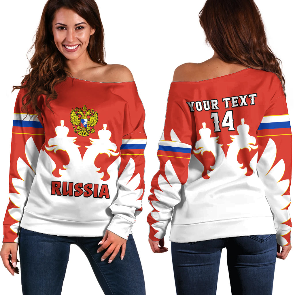 (Custom Text And Number) Russia Hockey 2023 White Sporty Style Off Shoulder Sweater - Shopicos