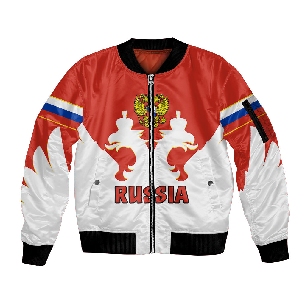 (Custom Text And Number) Russia Hockey 2023 White Sporty Style Sleeve Zip Bomber Jacket - Shopicos