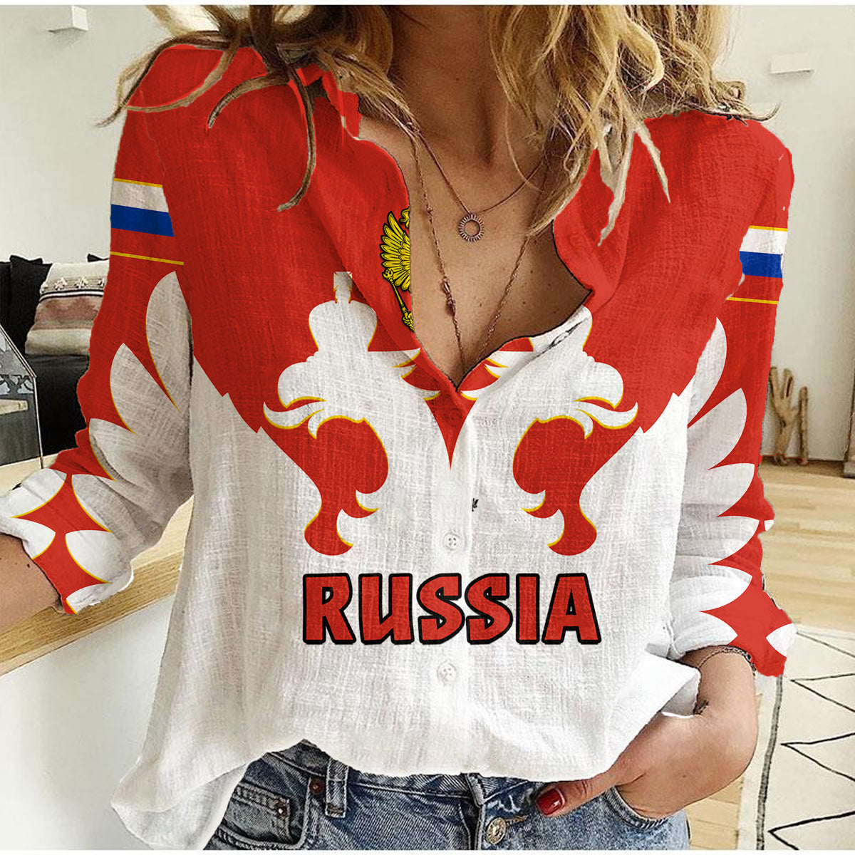 (Custom Text And Number) Russia Hockey 2023 White Sporty Style Women Casual Shirt - Shopicos
