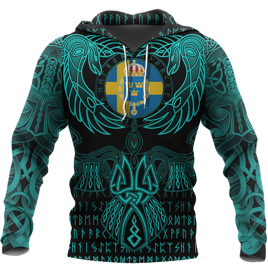 Viking Sweden Hoodie Valknut of Odin Cyan RLT12 - Shopicos
