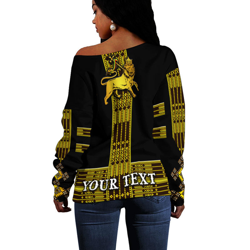(Custom Personalised) Ethiopia Women Off Shoulder Sweater Ethiopian Lion Of Judah Tibeb Vibes NO.1 Ver - Black LT8 - Shopicos