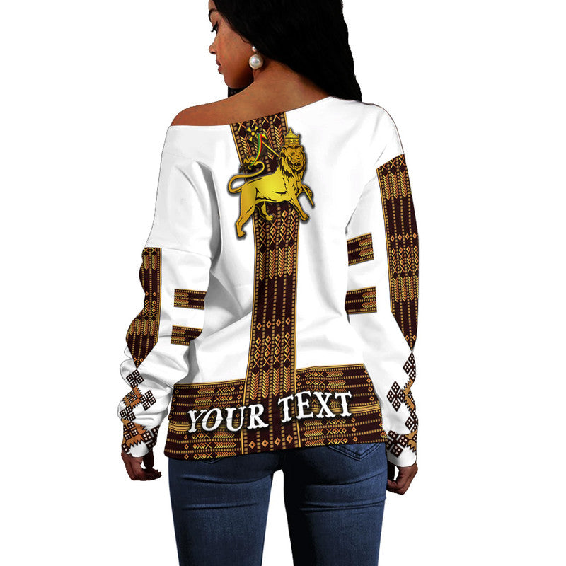 (Custom Personalised) Ethiopia Women Off Shoulder Sweater Ethiopian Lion Of Judah Tibeb Vibes NO.1 Ver - White LT8 - Shopicos