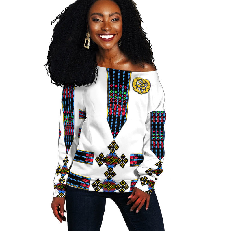 (Custom Personalised) Eritrea Women Off Shoulder Sweater Fancy Tibeb Vibes NO.1 Ver - Flag Style LT8 - Shopicos