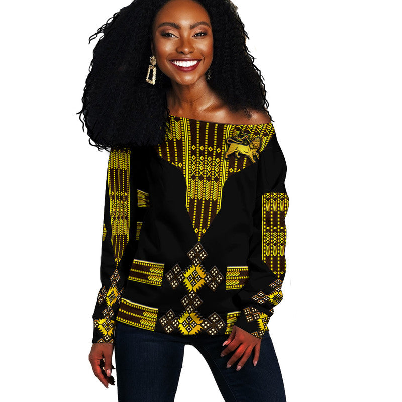 (Custom Personalised) Ethiopia Women Off Shoulder Sweater Ethiopian Lion Of Judah Tibeb Vibes - Black LT8 - Shopicos