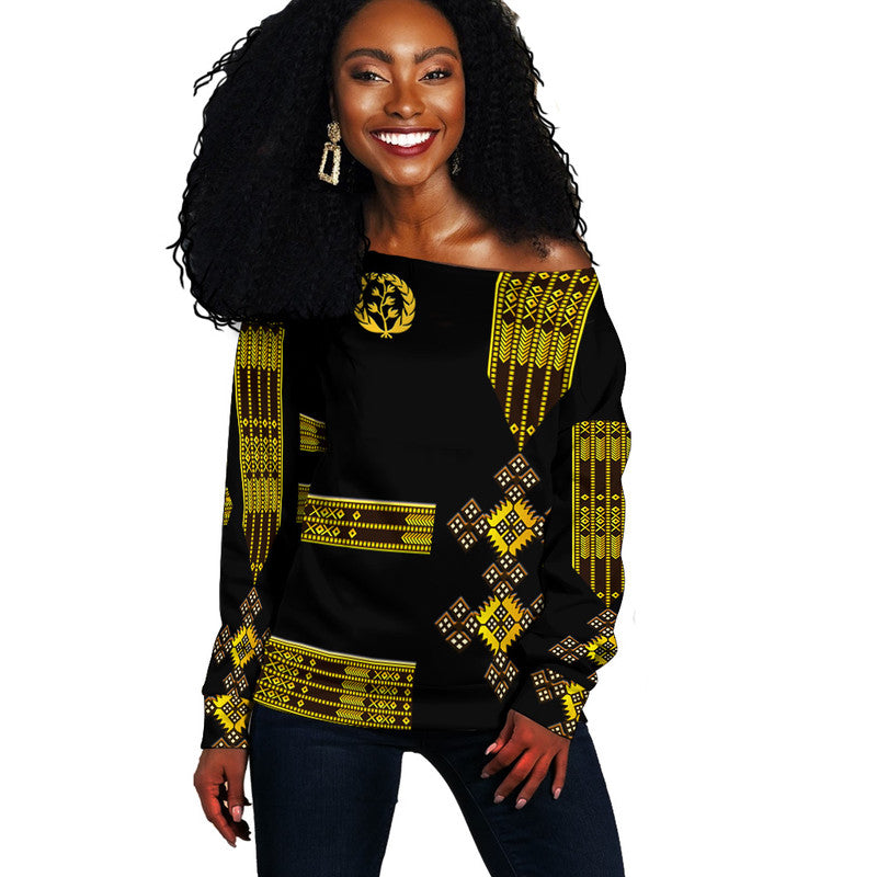 (Custom Personalised) Eritrea Women Off Shoulder Sweater Fancy Simple Tibeb Style - Black LT8 - Shopicos