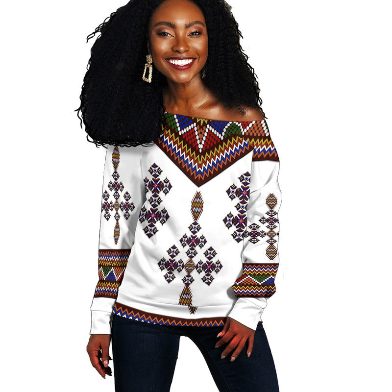 (Custom Personalised) Ethiopia Women Off Shoulder Sweater Ethiopian Tibeb Proud Version LT8 - Shopicos
