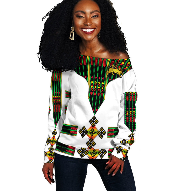 (Custom Personalised) Ethiopia Women Off Shoulder Sweater Ethiopian Lion Of Judah Tibeb Vibes - Flag Style LT8 - Shopicos