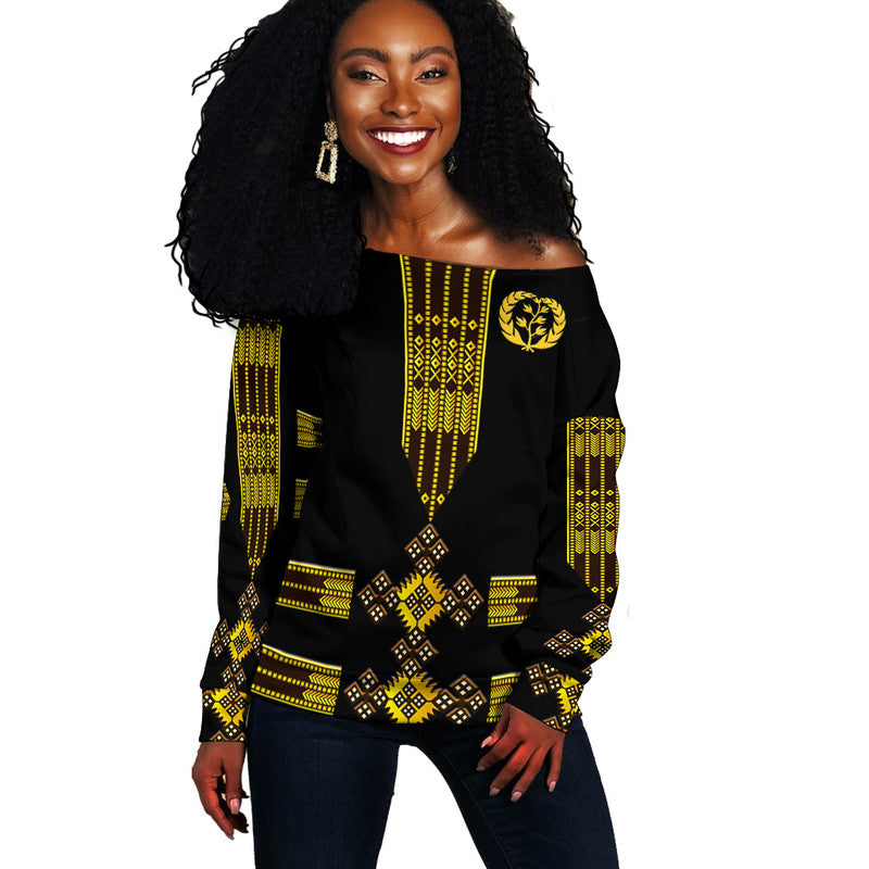 (Custom Personalised) Eritrea Women Off Shoulder Sweater Fancy Tibeb Vibes NO.1 Ver - Black LT8 - Shopicos